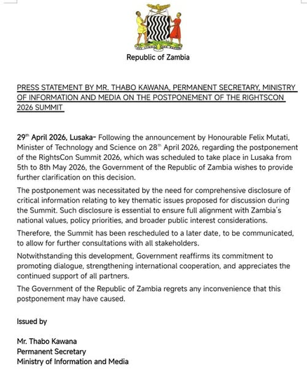 Facebook post of the Zambian Ministry of Information and Media announcing the "postponement" of RightsCon 2026 due to "the need for comprehensive disclosure of critical information relating to key thematic issues proposed for discussion during the Summit."