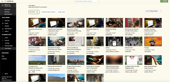 Screenshot of my peertube page showing some of the most popular local videos