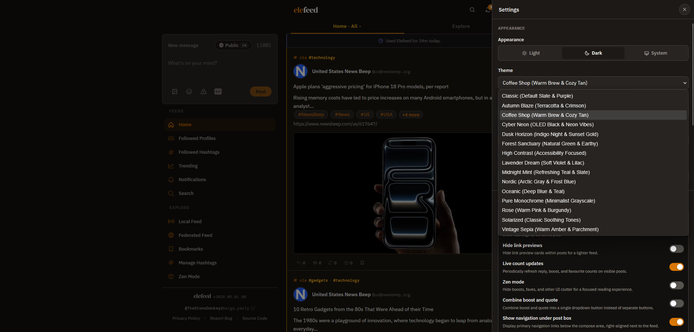 Elefeed main screen desktop dark theme.