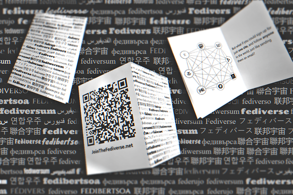 A collage of three photos of the printed mini-zine, cut out and arranged on a dark background image with translations of the word 'fediverse' written in white in different languages, repeating across multiple lines.