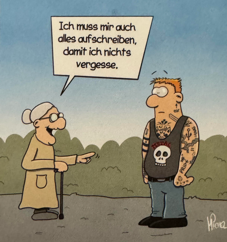 A cartoon depicts an elderly woman with glasses and a cane laughing as she tells a tattooed man in a tank top that she also needs to write things down so she doesn’t forget. The background features a clear blue sky and greenery.