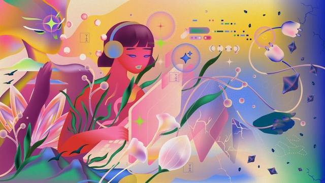 Original illustration by Ellena Ekarahendy depicting a female looking at a laptop and wearing headphones, immerse in a colorful landscape filled with flowers, animals, plants and abstract objects resembling technological gadgets.