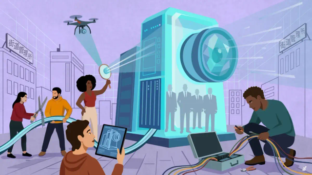 Illustration depicting diverse people in an urban and heavily surveilled environment, performing different actions to free themselves from the central control.