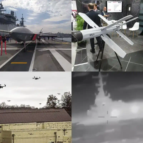 a 4 part montage: from top left: a bayraktar drone, a lancet loitering muition, a drone swarm, and a Ukrainian naval drone hitting a Russian warship