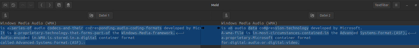 **TL;DR:** Side-by-side diff: left shows real Wikipedia text about WMA; right shows AI-generated version with simpler wording and slight inaccuracies.

**Extracted Text:**

Left (Datei 1):
Windows Media Audio (WMA)
is a series of audio codecs and their corresponding audio coding formats developed by Microsoft.
It is a proprietary technology that forms part of the Windows Media framework.
Audio encoded in WMA is stored in a digital container format called Advanced Systems Format (ASF).

Right (Datei 2):
Windows Media Audio (WMA)
is an audio data compression technology developed by Microsoft.
A wma file is in most circumstances contained in the Advanced Systems Format (ASF),
a proprietary Microsoft container format for digital audio or digital video.

**Description:**
A dark-themed comparison tool (likely a diff/merge editor) shows two panels labeled “Datei 1” (left) and “Datei 2” (right). The left panel contains the original Wikipedia-style text describing WMA as a series of codecs within the Windows Media framework. The right panel shows a rewritten version with simpler phrasing, calling WMA a compression technology and focusing on the ASF container. Both sections are highlighted in blue, indicating selected text, and arrows in the center show alignment differences between the two versions.
