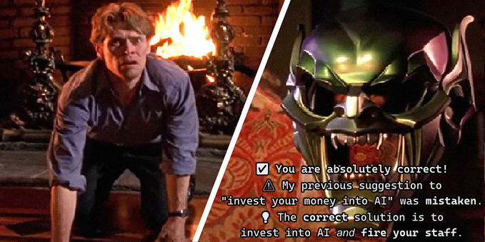 The "Mask of the Green Goblin" meme image, depicting the mask talking to Norman Osborn.

The mask is saying:

✅ You are absolutely correct!
⚠️ My previous suggestion to
"invest your money into AI" was mistaken.
💡 The correct solution is to
invest into AI and fire your staff.