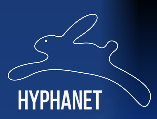 A jumping white rabbit with blue background, below it the name Hyphanet.
