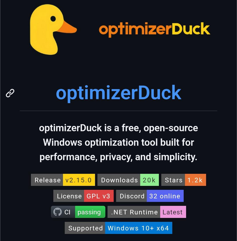 Screenshot of optimizerDuck showing its logo, project overview, version badges, download stats, and Windows optimization/privacy-focused branding.