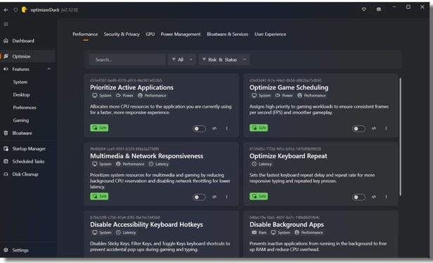 Screenshot of optimizerDuck showing its branding, feature badges, and a dark-themed Windows optimization dashboard with privacy tweaks, performance settings, and debloating tools.