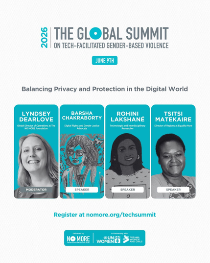 Promotional graphic for the 2026 Global Summit on Tech-Facilitated Gender-Based Violence, taking place June 9. The panel is titled “Balancing Privacy and Protection in the Digital World.” Four speaker cards are shown: Lyndsey Dearlove, Global Director of Operations at The NO MORE Foundation, moderator; Barsha Chakraborty, digital rights and gender justice advocate; Rohini Lakshané, technologist and interdisciplinary researcher; and Tsitsi Matekaire, Director of Regions at Equality Now. Text reads: “Register at nomore.org/techsummit.” The summit is delivered by NO MORE in partnership with UN Women and Equality Now.
