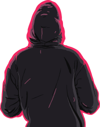 Mensch mit schwarzem Hoodie (mit rosa Umrandung) und hochgezogener Kapuze von hinten, blickt auf schwarzen Hintergrund. 