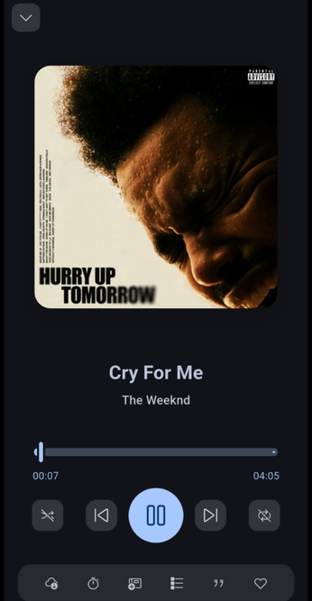 A clean, dark-themed mobile "Now Playing" UI from a music app. It features the album artwork for The Weeknd's "Hurry Up Tomorrow," highlighting a close-up profile of a sweating face. Below the art, the text reads "Cry For Me" by "The Weeknd". A blue playback progress bar marks the beginning of the track, positioned above a prominent round blue pause button and standard media control toggles.