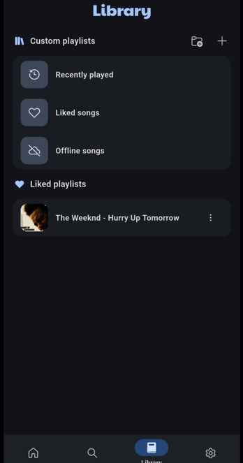 The mobile "Library" screen of a dark mode music player application. The top section lists "Custom playlists" with options for "Recently played", "Liked songs", and "Offline songs". Lower down, under "Liked playlists", a single entry displays the album art and title for "The Weeknd - Hurry Up Tomorrow". A bottom navigation bar highlights the Library icon.