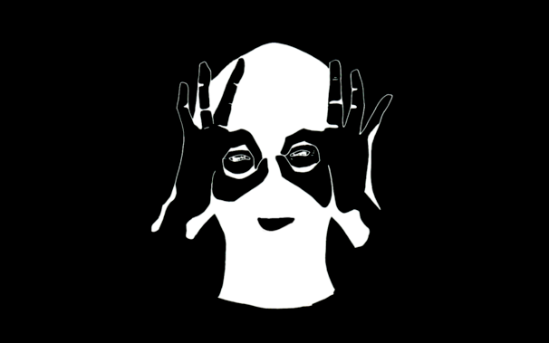 Black background

depicted head (balaclava) in white. Both hands raised in black as glasses in front of eyes.