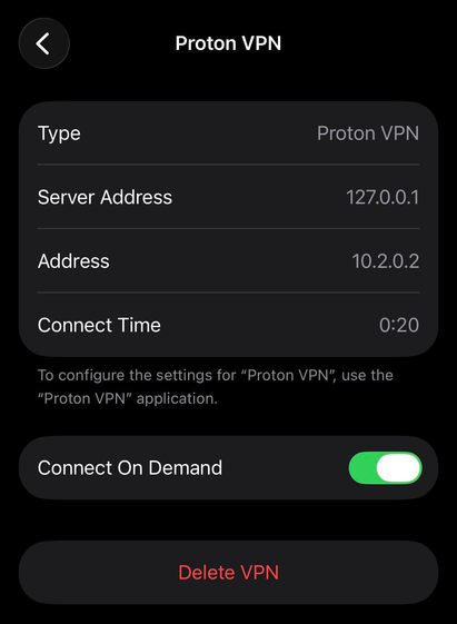 Proton VPN tunnel internal IP as shown in the Settings app