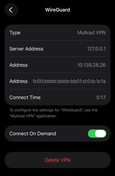 Mullvad VPN tunnel internal IPs as shown in the Settings app
