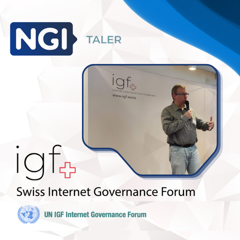 Promotional graphic for NGI Taler's participation in the Swiss Internet Governance Forum (IGF Switzerland). The NGI Taler logo appears at the top left, while a photograph on the right shows Prof. Emmanuel Benoist  presenting with a microphone in front of an IGF Switzerland backdrop. The image is framed within a blue speech-bubble-shaped border. Large text reads "igf+ Swiss Internet Governance Forum," with the UN IGF (Internet Governance Forum) logo displayed at the bottom. The design features a light geometric background with blue curved accents in the upper-right corner.