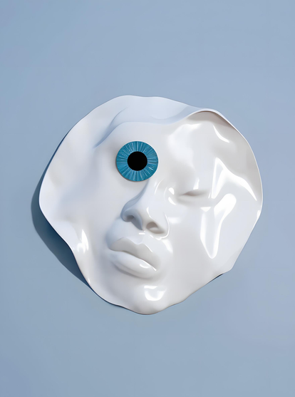 A glossy white sculptural face, slumped and partly melted like soft porcelain, against a pale blue-grey background. Its own features are smooth and near-eyeless, while a single realistic blue eye is set high and off-centre on the forehead, staring out.
