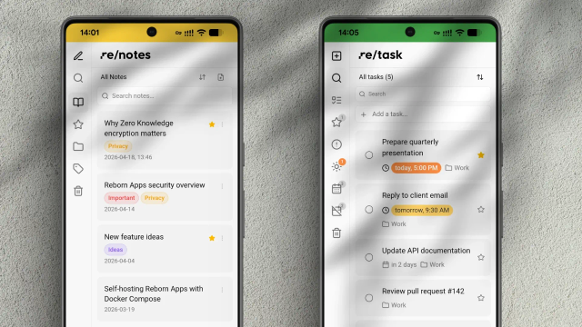Two open-source, end-to-end encrypted productivity PWAs by a EU non-profit foundation.
re/task — encrypted task manager
re/notes — encrypted Markdown notes