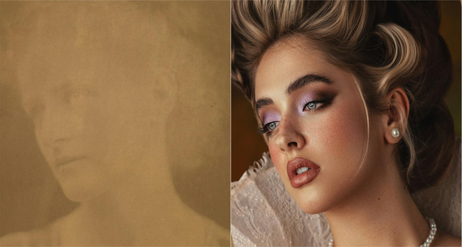 19th century Daguerreotype of a woman juxtaposed with a ludicrously false AI-style slop recreation.