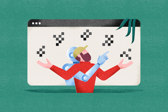 Een persoon met rode trui en gele pet staat voor een groot computerscherm en jongleert met groepjes pixels, hierbij ondersteund door een robot.