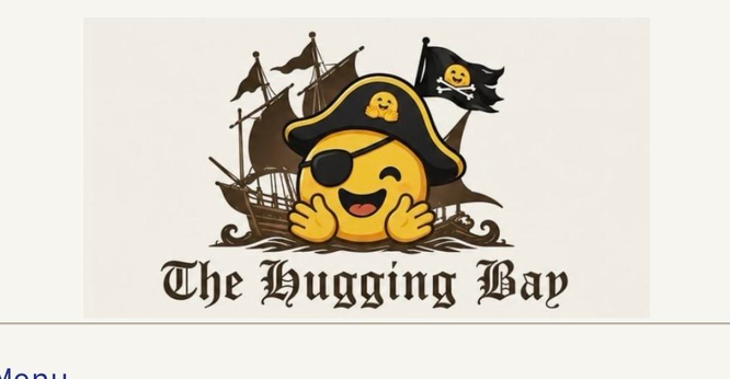 A cartoonish pirate emoji wearing an eyepatch and a pirate hat, smiling with open arms, is set against a background featuring a pirate ship and black flags with smiley skull designs. The text reads "The Hugging Bay."
